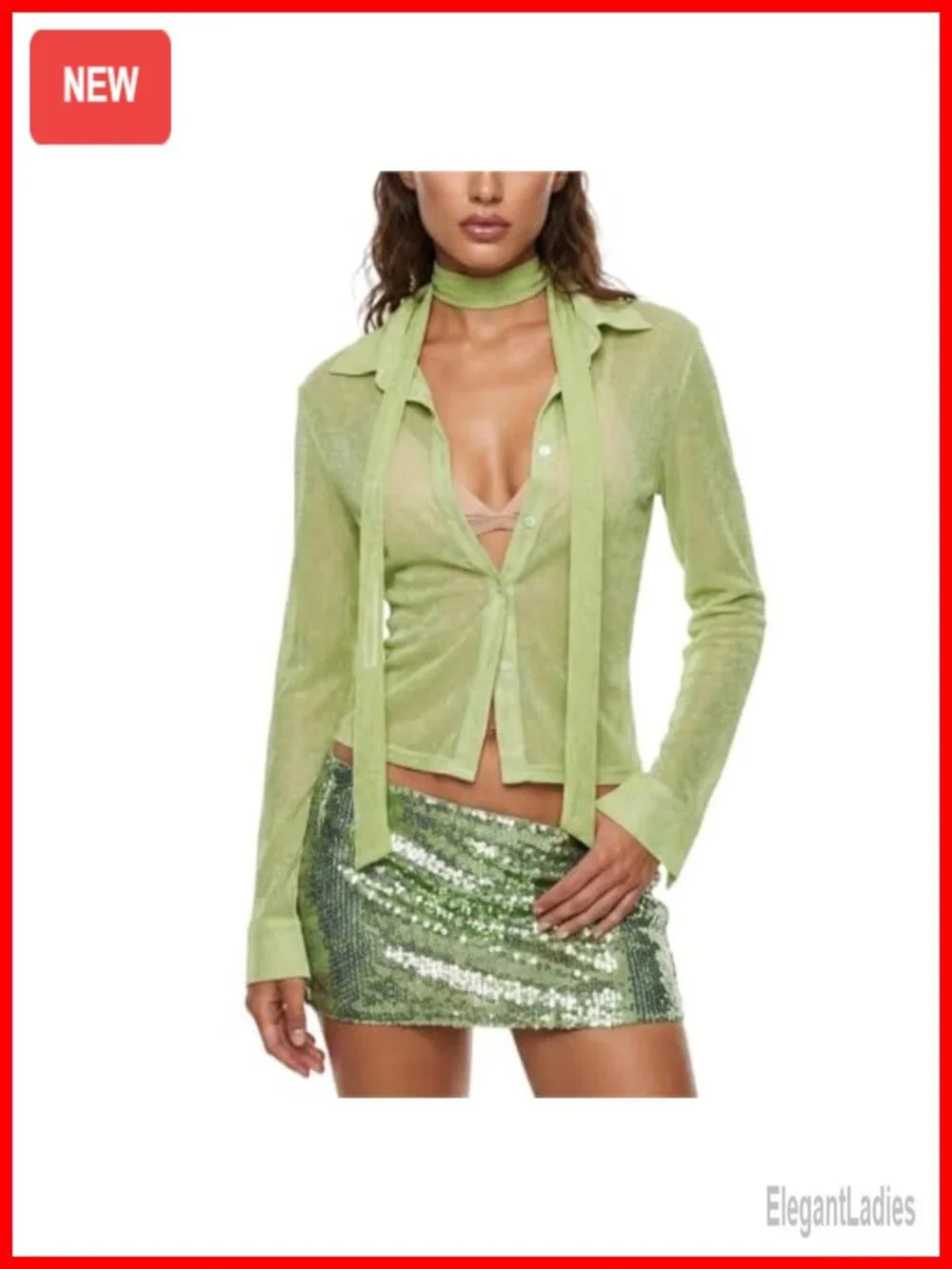 Sheer Mesh Glitter Button Down Shirt Y2K Long Sleeve Blouse with Scarf See